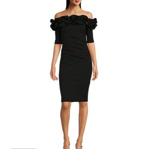 Xscape Black Ruffle Off-Shoulder Midi Dress
